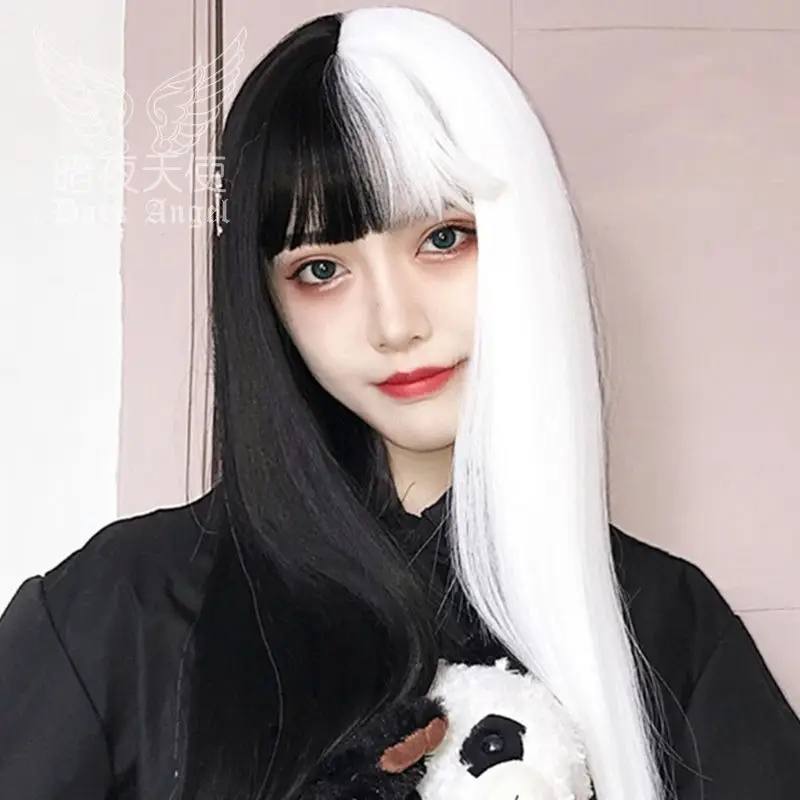 ‌ Peluca recta de corte Hime: pelo de princesa Lolita, cosplay de Halloween, peluca de anime natural negra/azul/rosa para mujer