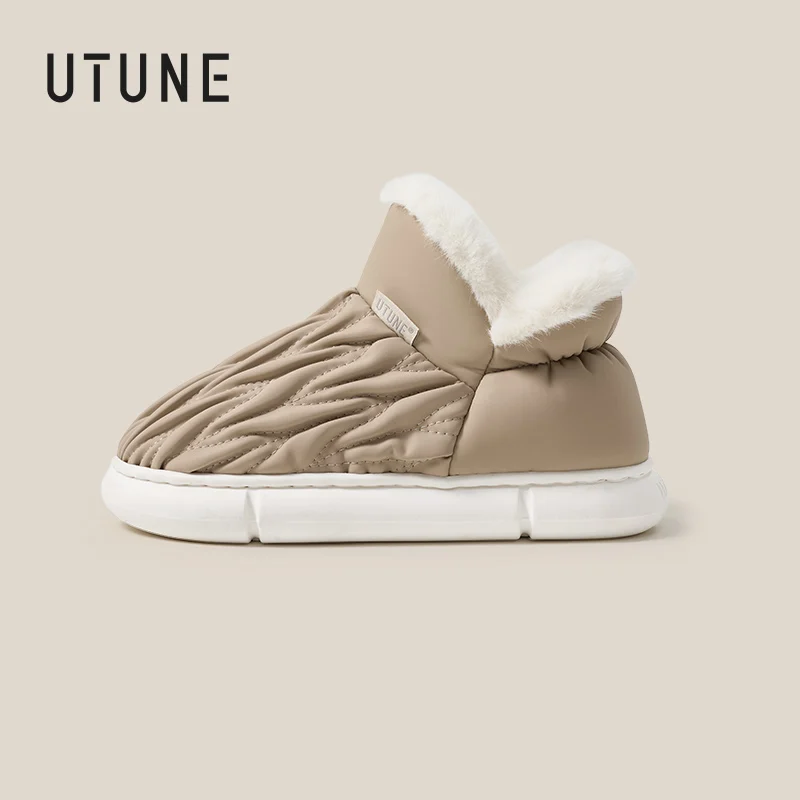 UTUNE Bota de inverno feminina com sola antiderrapante, sapatos de algodão macio, chinelos leves, unissex, uso interno e externo, botas curtas