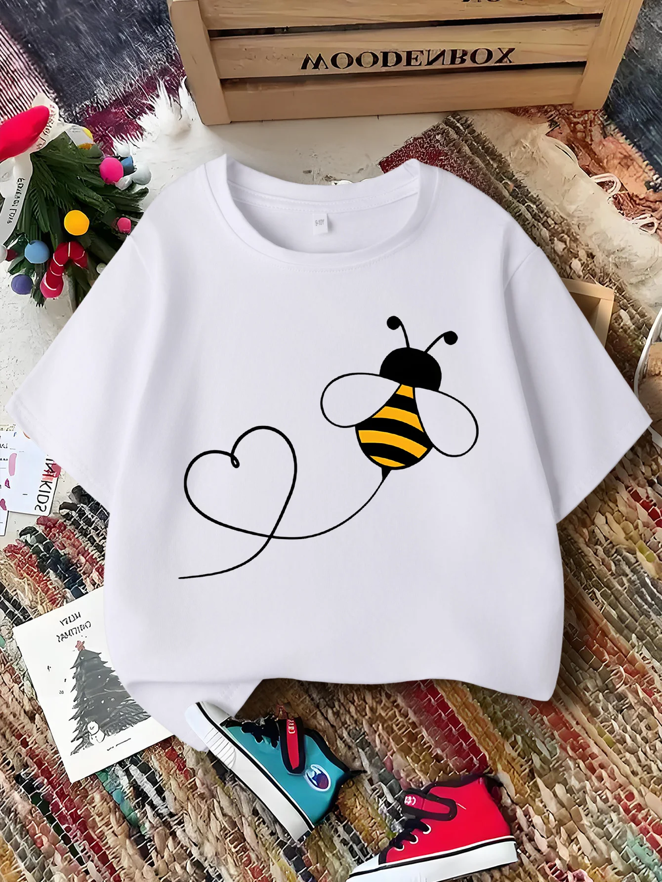 Cute Bee Drawing Heart Line Print Graphic Kids Tee Boys Girls Family Matching Cotton Crew Neck Short Sleeve Soft Summer Tee