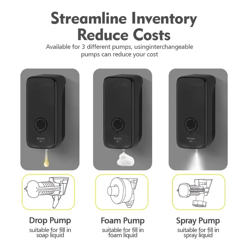 Dispenser Sabun Cair Manual Hotel 1000ML Matt Black, Dispenser Sabun Isi Ulang yang Dipasang di Dinding untuk Penggunaan di Kamar Mandi