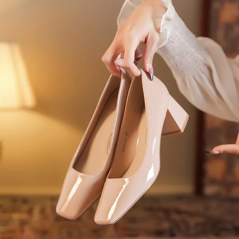 

New Women Shoes Exquisite Patent Leather High Heels for Woman French Style Square Head Casual Shoes Designer Shoes Zapatos Mujer