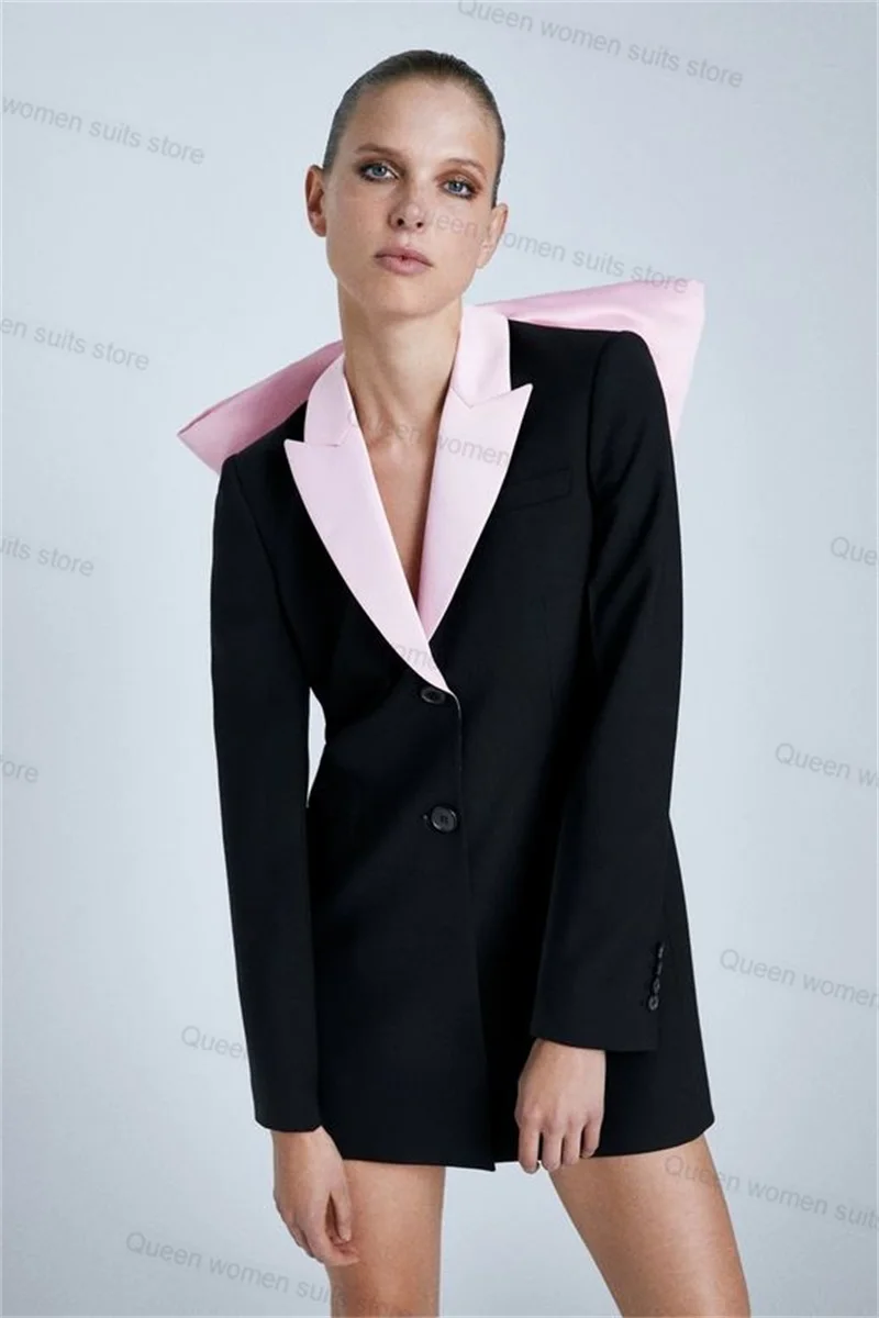 Bow Wedding Women Suit 1 Piece Black Blazer With Pink Lapel Tuxedos Formal Event Jacket Coat Prom Dress Tailored Outfit