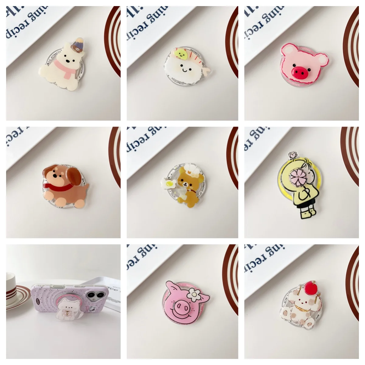  Para teléfono magnético Magsafe Griptok Grip Tok soporte lindo Rilakkuma Sushi Pig para iPhone estuche de carga inalámbrico plegable ﻿ ﻿