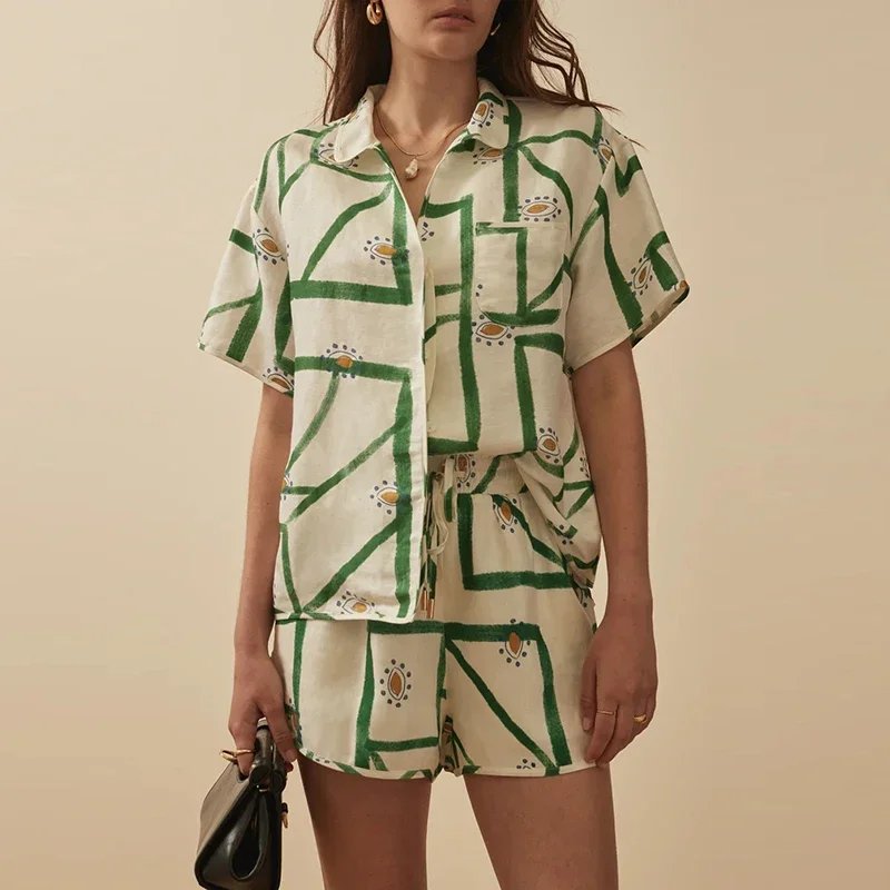 Damesmode Strand Los Pak 2025 Zomer Casual Revers Knop Shirt & Shorts Outfit Contrast Kleur Gestreept Gedrukt 2-delige set