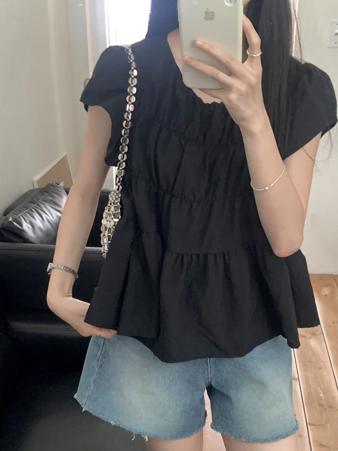 เสื้อทรงหลวมสไตล์เกาหลี สีขาวหวาน ดีไซน์จีบระบาย สำหรับผู้หญิง ใส่ได้หลายโอกาส เหมาะกับฤดูร้อน ทรงบับเบิ้ล