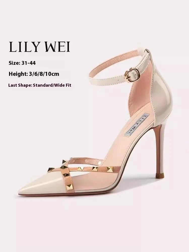 

Босоножки на тонком высоком каблуке на низком каблуке, летние остроконечные лакированные кожаные туфли из ПВХ с заклепками для банкета, большие размеры, расширенные женские туфли маленького размера