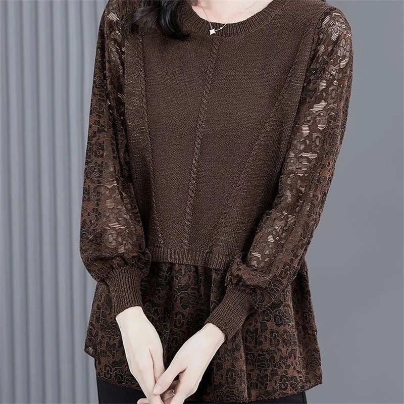 Ladies Fashion Lace Shirts Spring Autumn New High End Fake Two Pieces Knitted Pullovers Women Large Size Patchwork Sweater 6XL