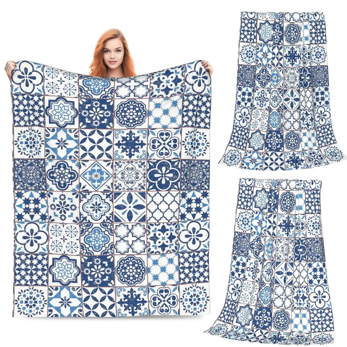 

Portuguese Azulejos Blanket Flannel Sofa Throw Blanket Portable Throw Blankets for Home Bedroom Travel Throws Bedspread Quilt