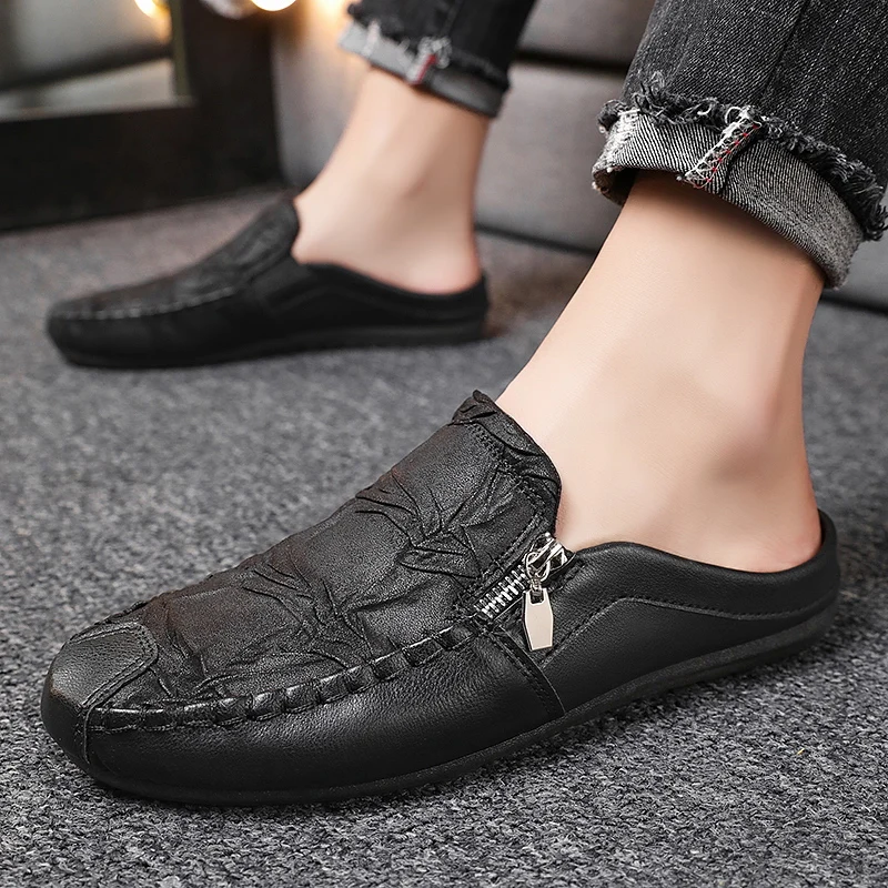 Fashion Sheepskin Mens Half Slippers Breathable Mens Casual Shoes Outdoor Men Loafers Lazy Shoes Flats Comfortable Male Sneakers