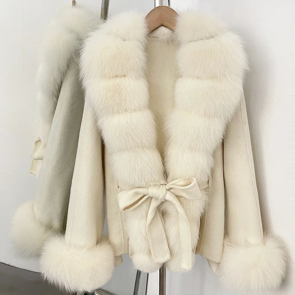 OFTBUY Neue Luxuriöse Warme Winterkleidung mit Natürlichem Fuchsfell Damen 100% Wollmantel mit Gürtel Echter Fuchsfell-Wollmantel für Frauen – Detail 23