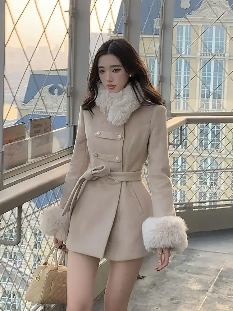 Manteau portefeuille matelassé à taille fine, pardessus en laine + châle détachable en peluche Patchwork, Style Noble d'hiver, ensembles 2 pièces pour femmes, costumes Y2k