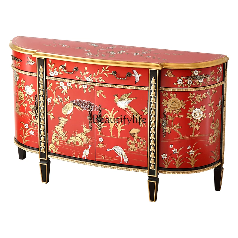 

French red painted gold villa semi-circular arc entrance entrance foyer decorative cabinet