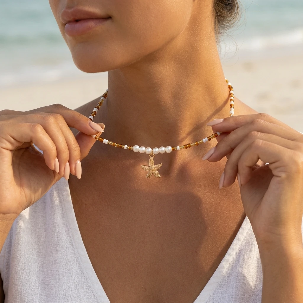 Collar de Perlas de Imitación Estilo Boho para Verano, con Colgante de Estrella de Mar en Color Dorado, Joyería Hecha a Mano de Estilo Surfista Vintage para Mujer