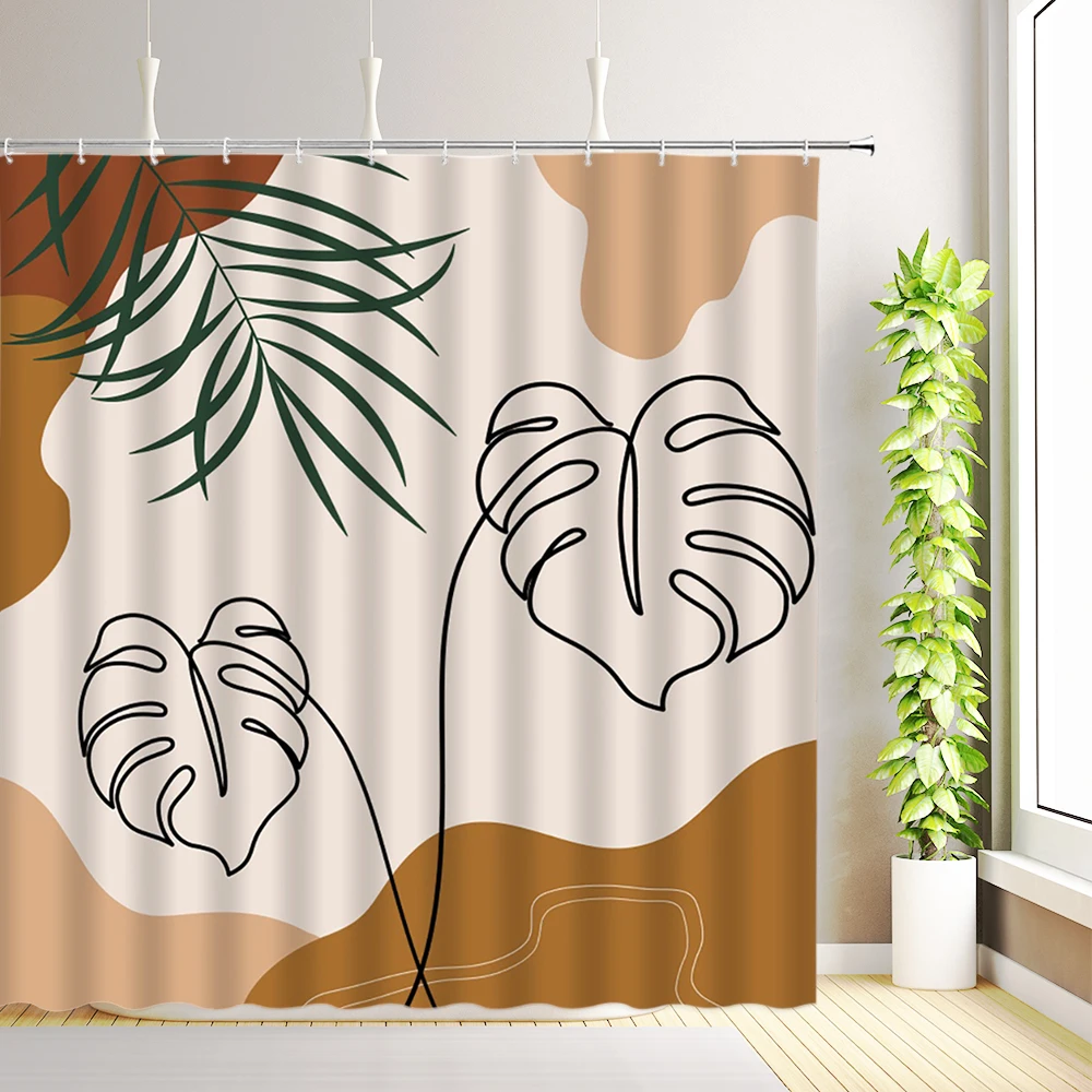 Boho Mid Century Shower Curtain Abstract Modern Minimalistic Tropical Leaves Bath Curtains Fabric Bathroom Decor with Hooks