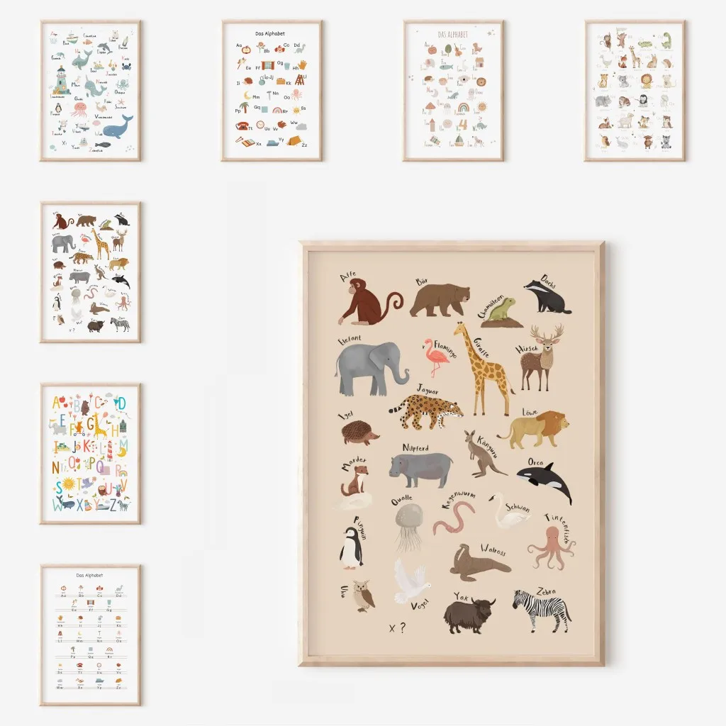 1pc Frameless Nordic Retro Alphabet Number Poster And Prints Children's Room Decor Cartoon Animal Plant Tool Wall Art Canvas Pai