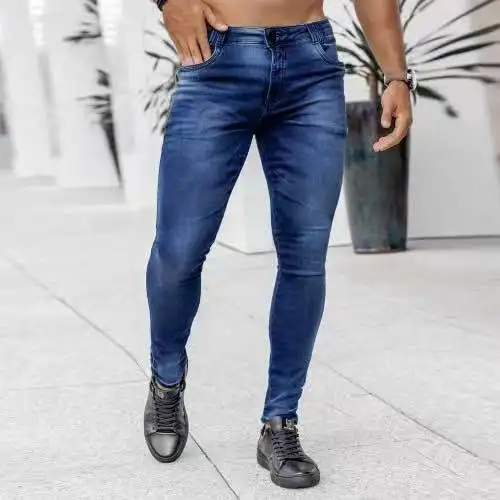 Men Jeans Print High Waist Distressed Pencil Pants Denim Washing Slim Fit Sheath Pockets Slight Strech Zipper Ankle Length