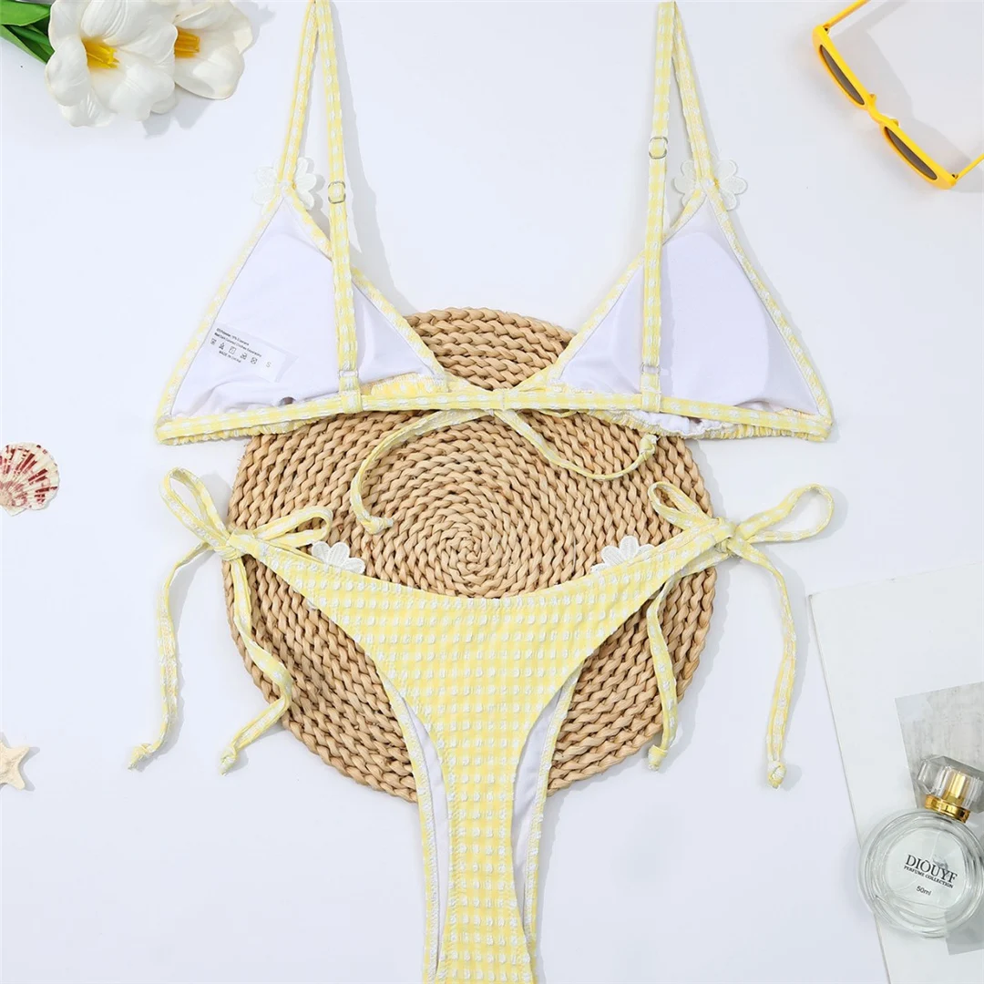 Plaid Extreme String Mini Micro Thong Bikini Damen Badeanzug Frauen Bademode Zweiteiliges Bikini-Set Badeanzug Schwimmanzug V8408 – Detail 3