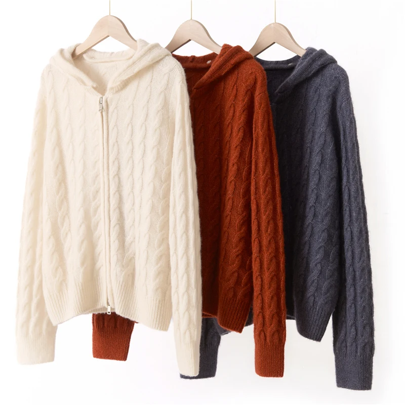 

MEETCC Women's 100% Cashmere Hooded Sweater Autumn Winter Zipper Cardigan Soft Warm Cashmere Knitwear Luxury Casual Hoodie Tops