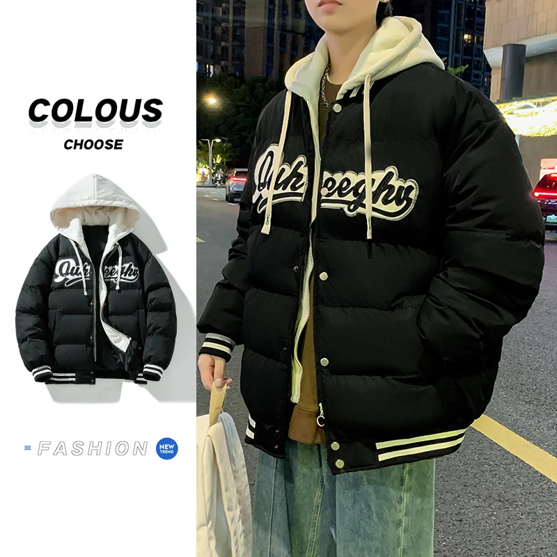 Puffer Jacket Men Fashion Harajuku Fake 2 Pieces Embroidered Warm Windproof Parka Male Preppy Thickened Jacket Winter New 2024