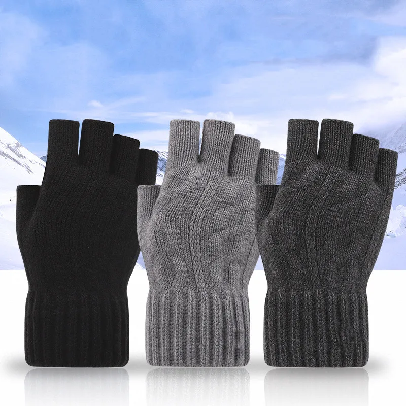 Knitted Gloves for Men Women Winter Warm Thermal Half Finger Glove Mittens Wool Fleece Thick Touchscreen Fingerless Gloves