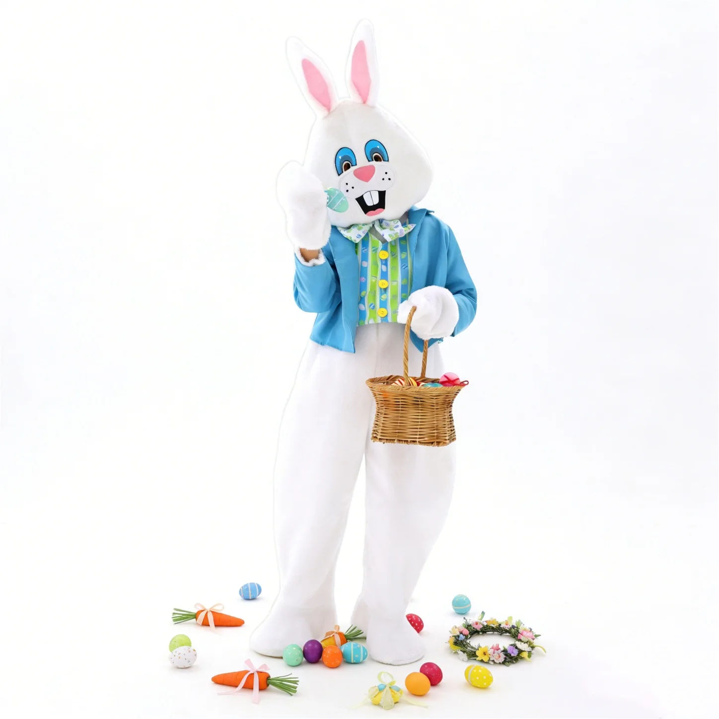 Nuevo disfraz de conejito de Pascua para niños, disfraz de conejo para Halloween, mono blanco con tocado, abrigo azul, traje de fiesta