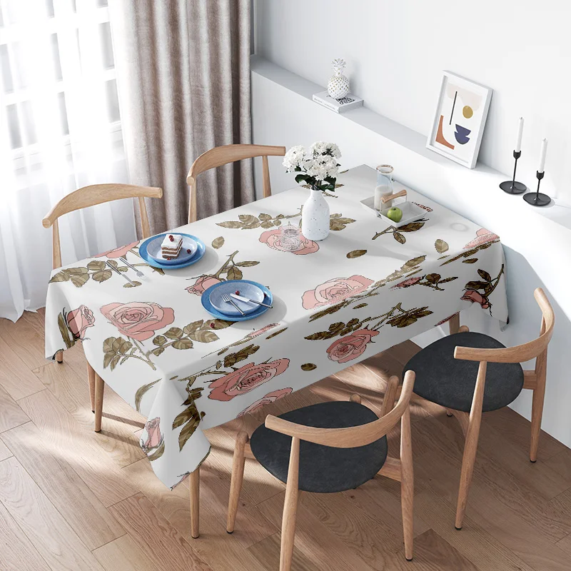 

Vintage Floral Tablecloth Decor Pink Roses Green Leaves Print Dining Room Decoration Home Linen Bedspread Cover for Kitchen Tabl