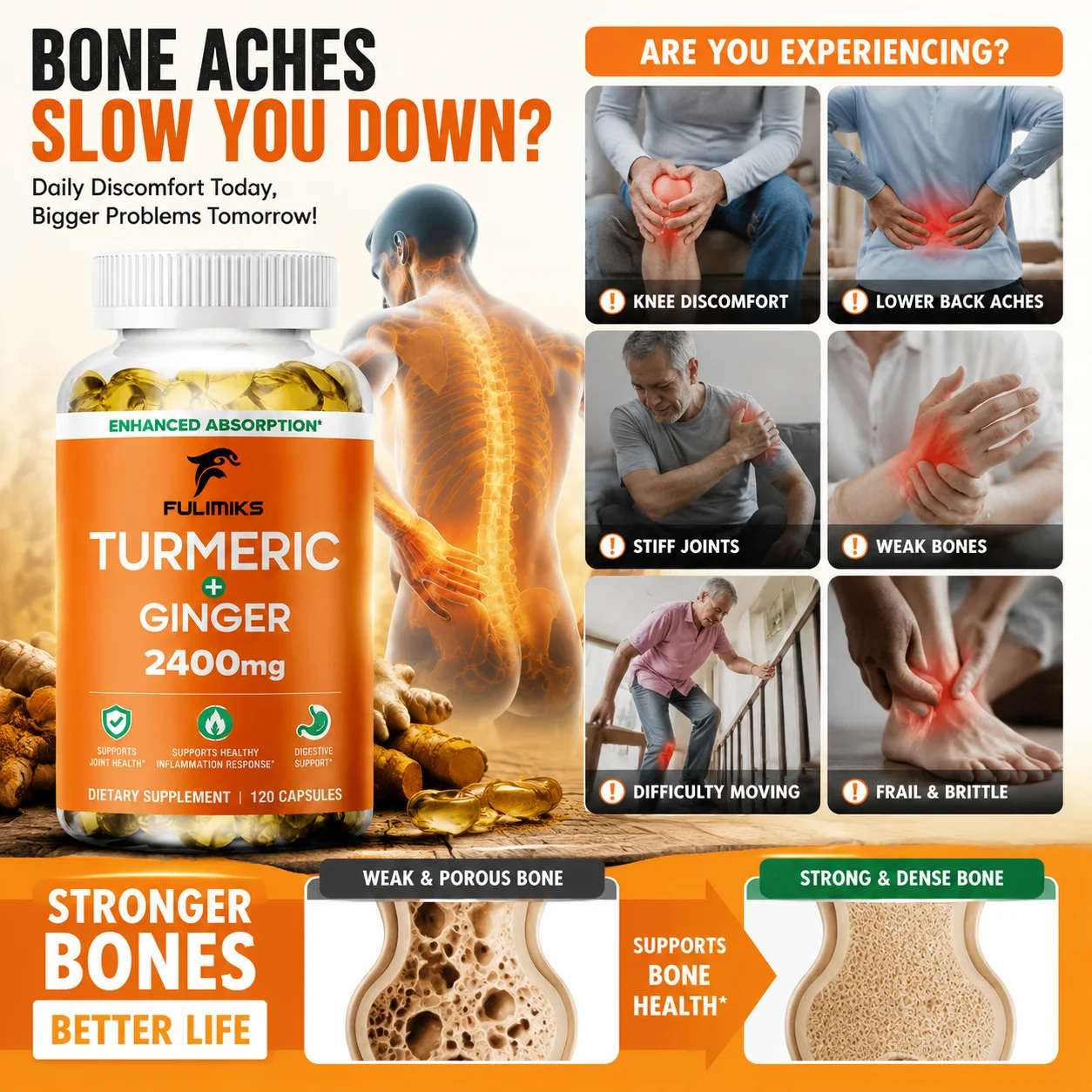Turmeric Curcumin 2400mg Capsules with Black Pepper & Ginger, Support Soothe Sore Stiff Joints, Flexibility Mobility Antioxidant