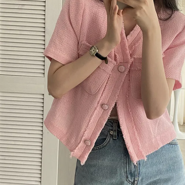 Korean Style Versatile Coarse Tweed  Jacket Small Fragrance Style Short Outerwear for Women Pure Color Spring Season