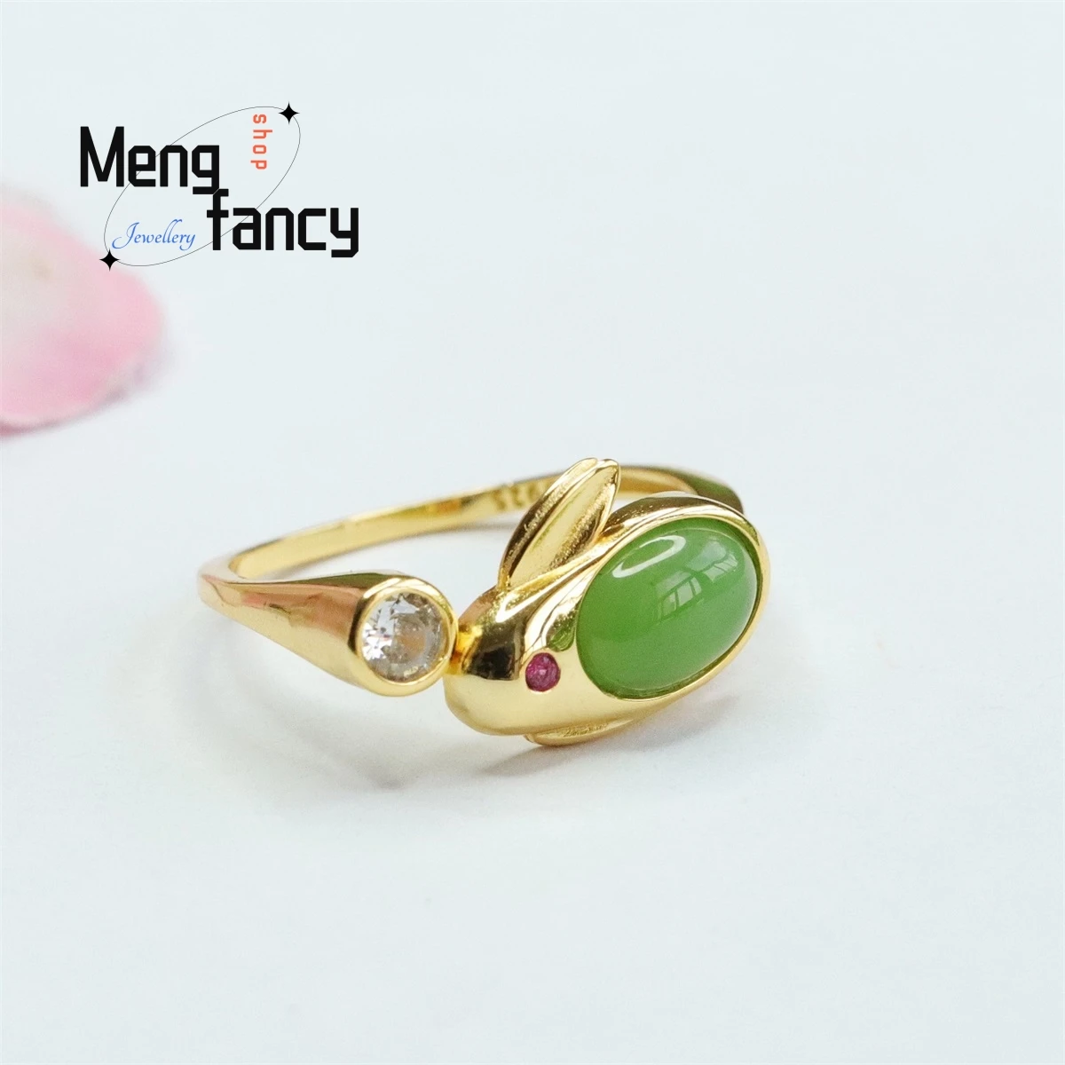 Natural S925 Silver Inlaid Hetian Jasper Rabbit Ring Simple Personalized Fashion Versatile Exquisite Elegant Luxury Fine Jewelry