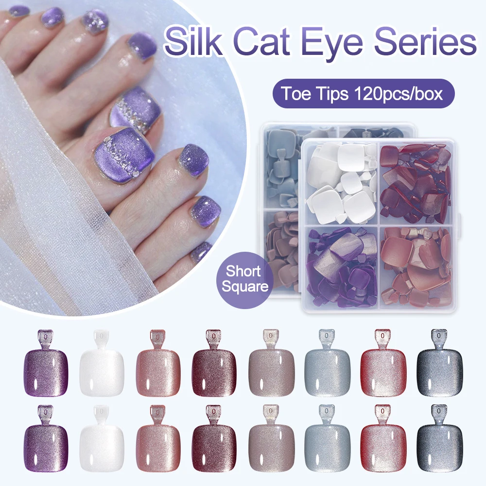 

120pcs/box Cat Eye Effect Toenail Fake Nails Square Press On Nails Full Cover Detachable False Nails