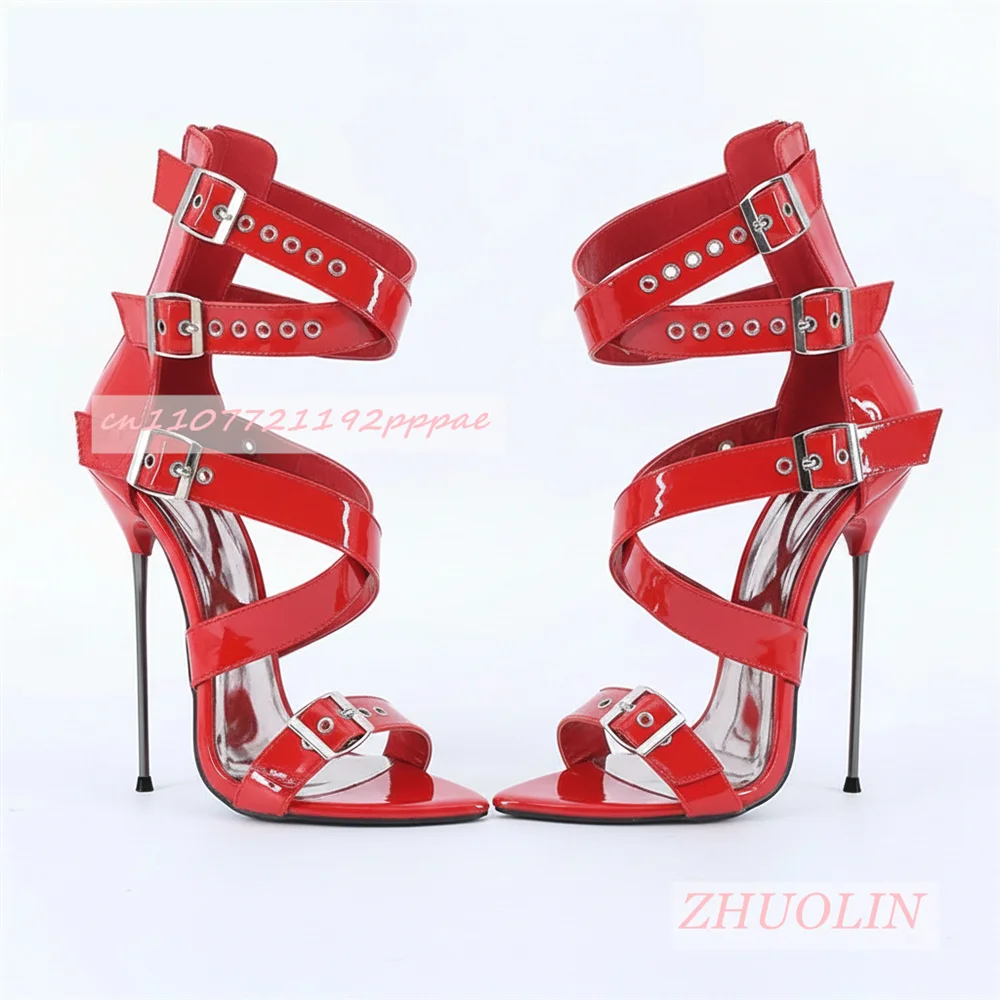 Women Open Toe High Heel Sandals Red Strappy Stiletto Shoes Multi Strap Ankle Buckle Patent Leather Fashion Night Club Shoes 46