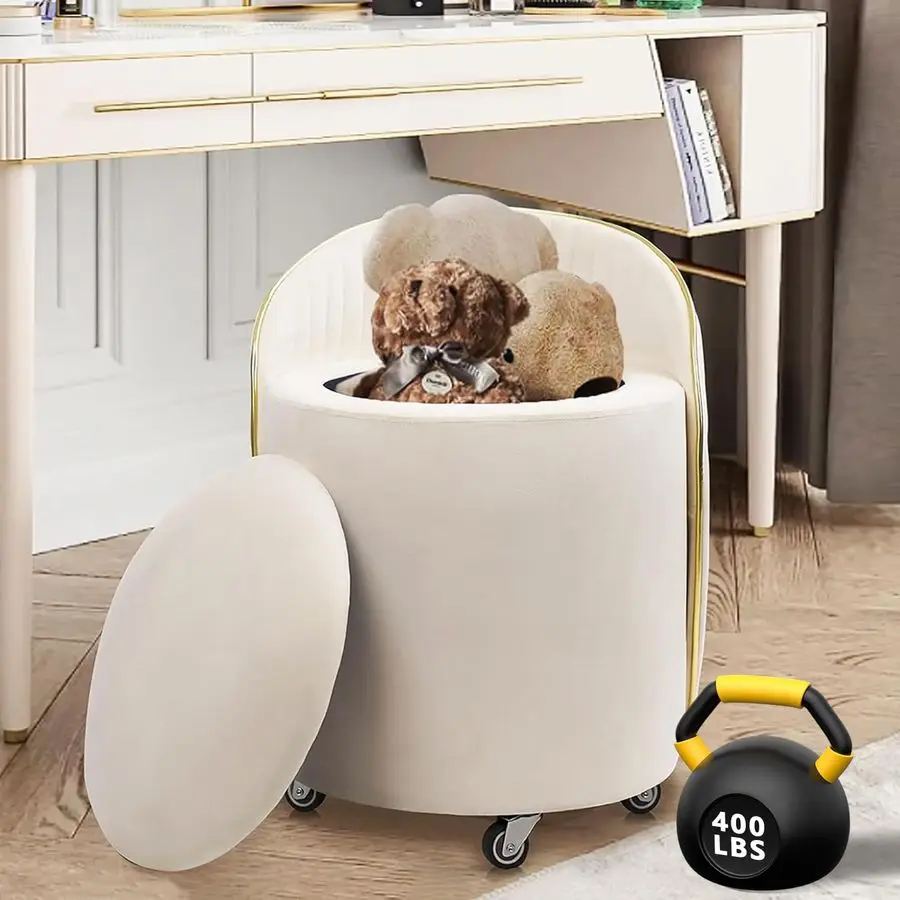 Storage Ottoman, Upholstered Velvet Vanity Stool with Lumbar Support, Swivel Rolling Wheels, Small Foot Stools Coffee Table Pad
