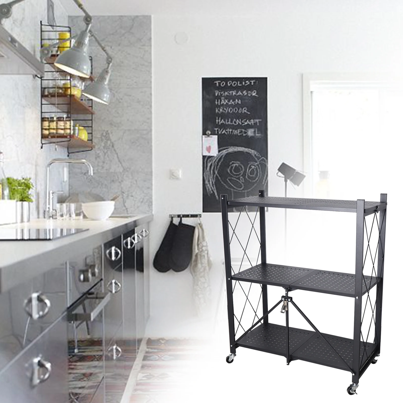 Black Metal Shelf Three-Story Removable Installation-Free Kitchen Shelf