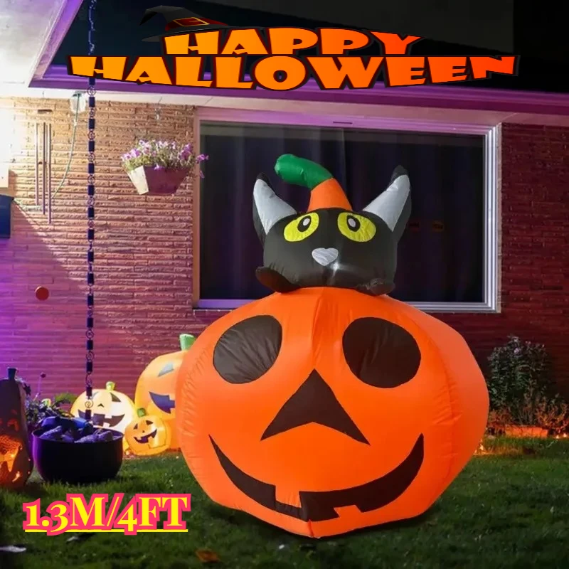 

1.3M/4FT Outdoor Inflatable Toys Halloween Black Cat Sit on Pumpkin with LED Lights Decoration Courtyard Home Party Garden Yard