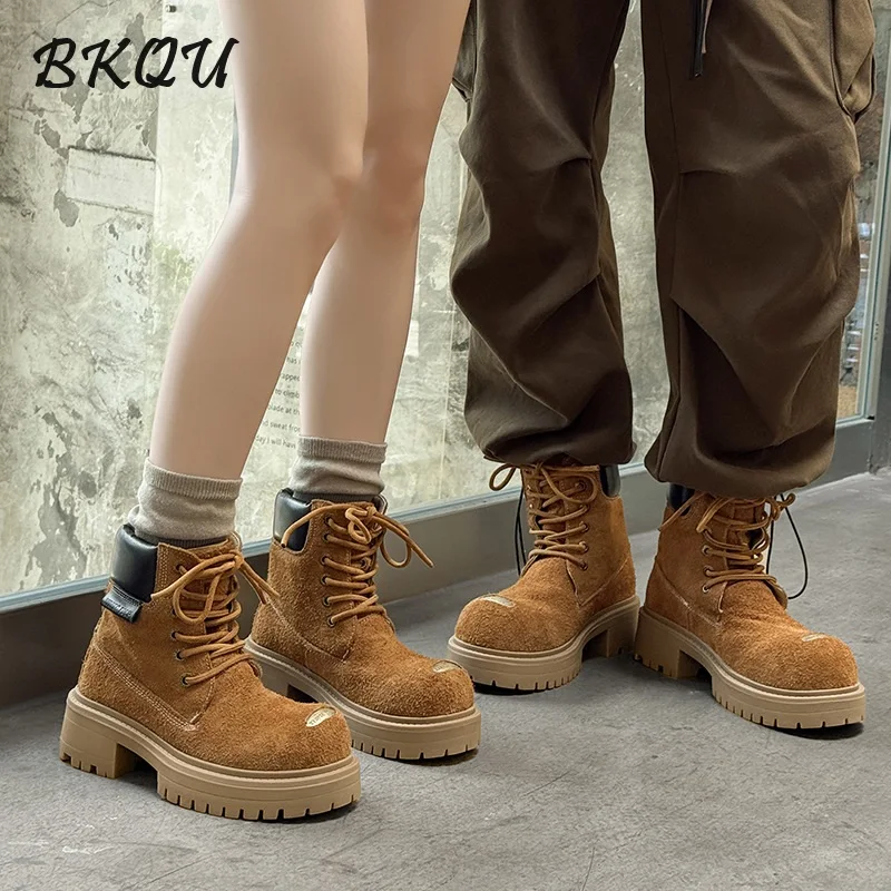 

BKQU English Style Derby Boots for Men 2025 Autumn New Trend Thick Soled High-Top Casual Big Head Shoes with Metal Decorations