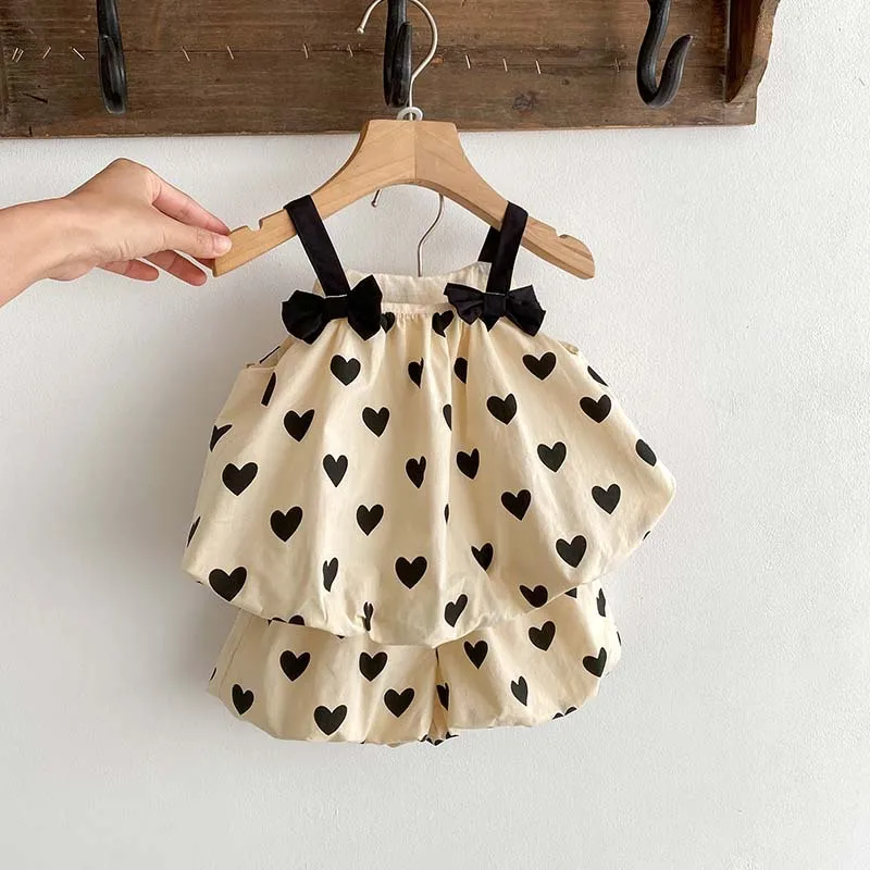 2024 Spring Summer Girl Infant Sweet Bow Love Print Suspenders Shirt + Shorts 2pcs Children Cotton Outfits Baby Casual Tops Suit