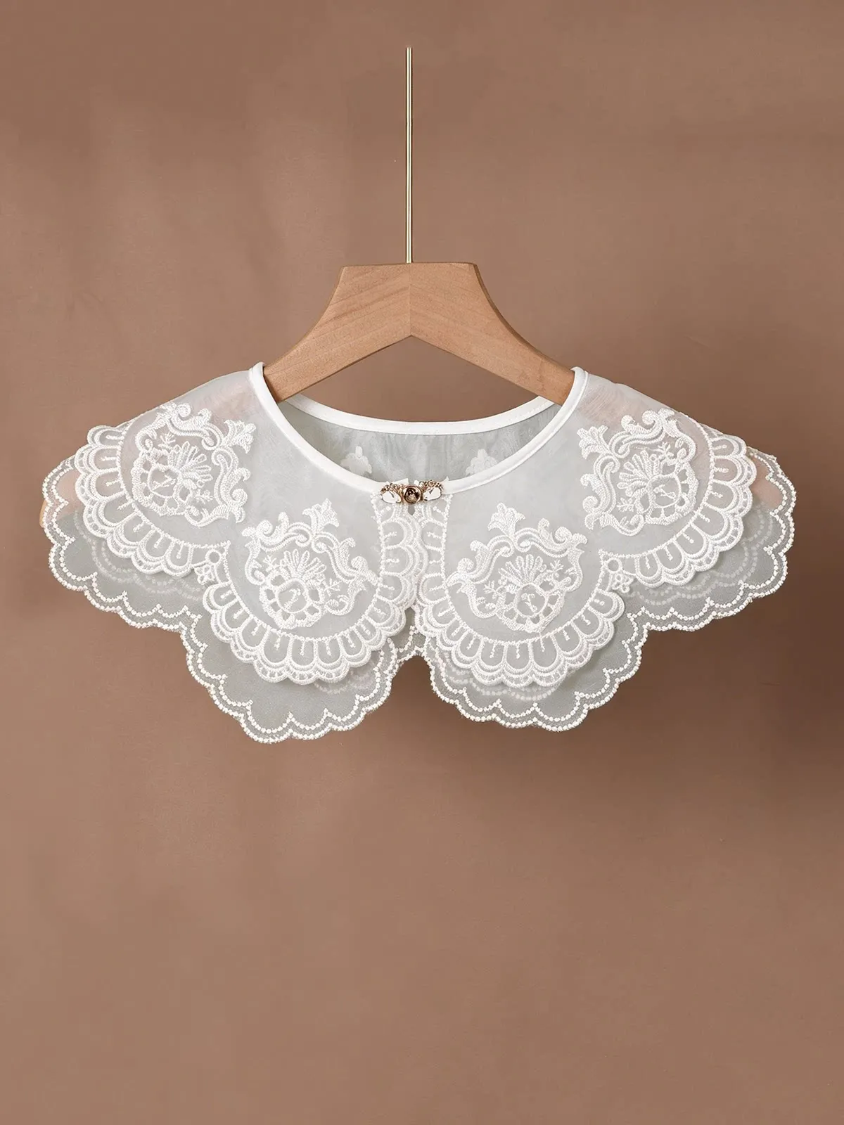 Women White Double Layer Organza Embroidered Detachable Fake Collar Sheer Lace Trim Versatile Layering Accessory Anti Exposure
