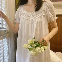 Pure Cotton Victorian Night Dress Women White Short Sleeve Long Robe Romantic Vintage Nightgowns Princess Sleepwear L75