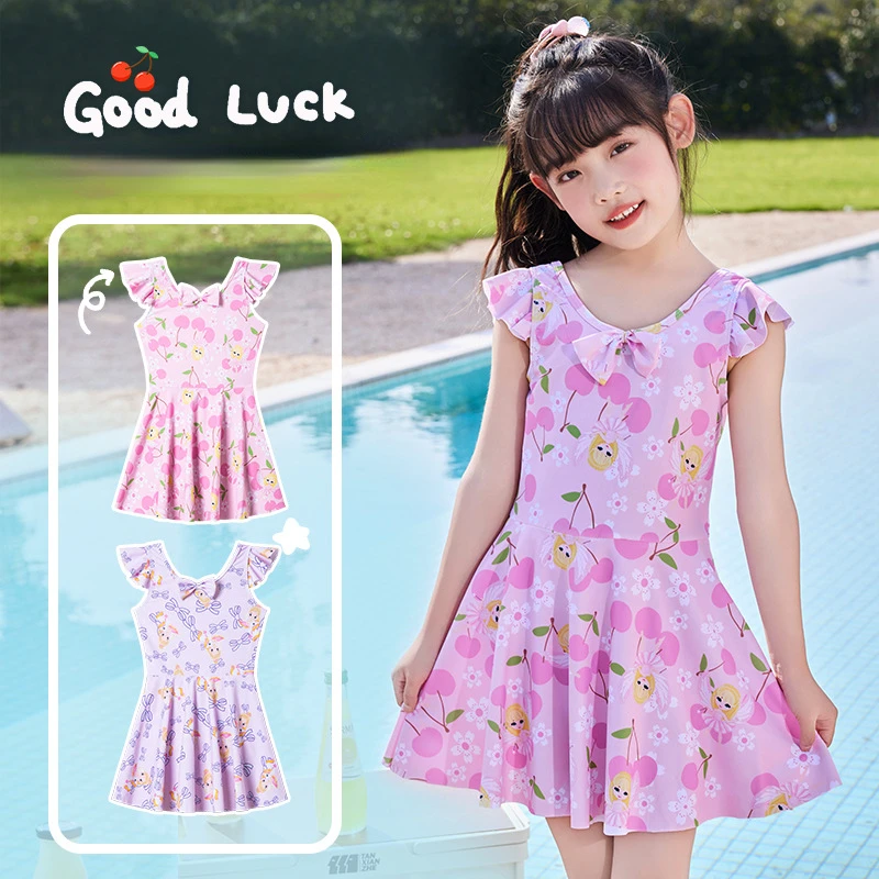 One-piece swimsuit for girls, short-sleeve Princess swimsuit, cute and fresh for children from 4 to 12 years old