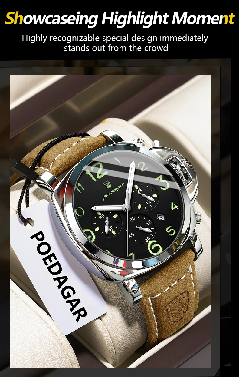 POEDAGAR Mode Luxus Männer Armbanduhr Wasserdicht Leucht Chronograph Datum Mann Uhr Einzigartige Sport Leder Quarz herren Uhren – Detail 3