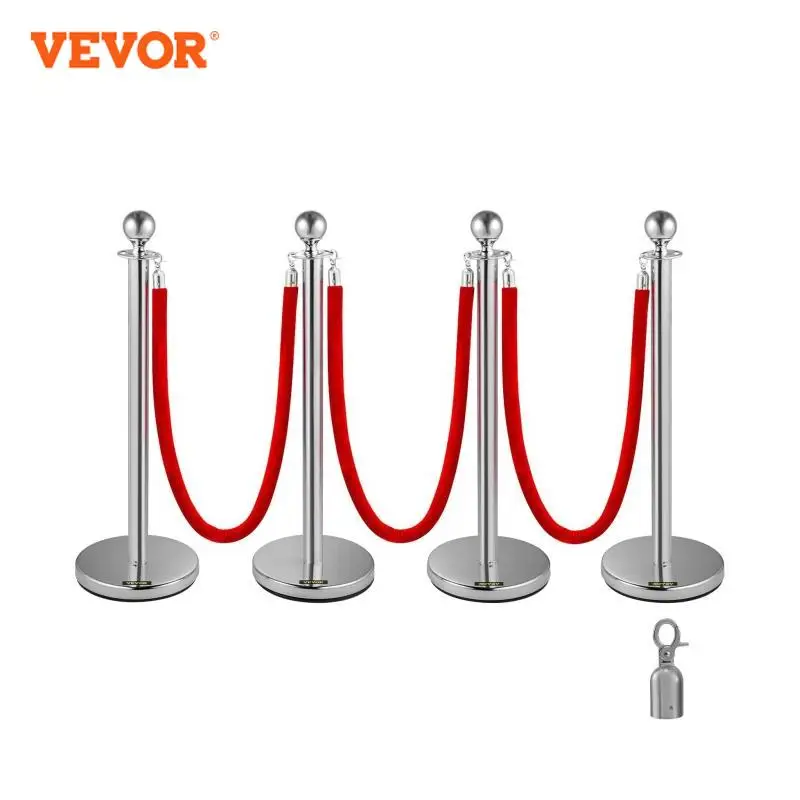 VEVOR 38Inch 4pcs Silver Stanchion Posts Queue Red Velvet Rope Crowd Control Line Barriers with Stable Base for Party Supplies