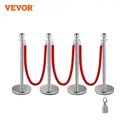 VEVOR 38Inch 4pcs Silver Stanchion Posts Queue Red Velvet Rope Crowd Control Line Barriers with Stable Base for Party Supplies