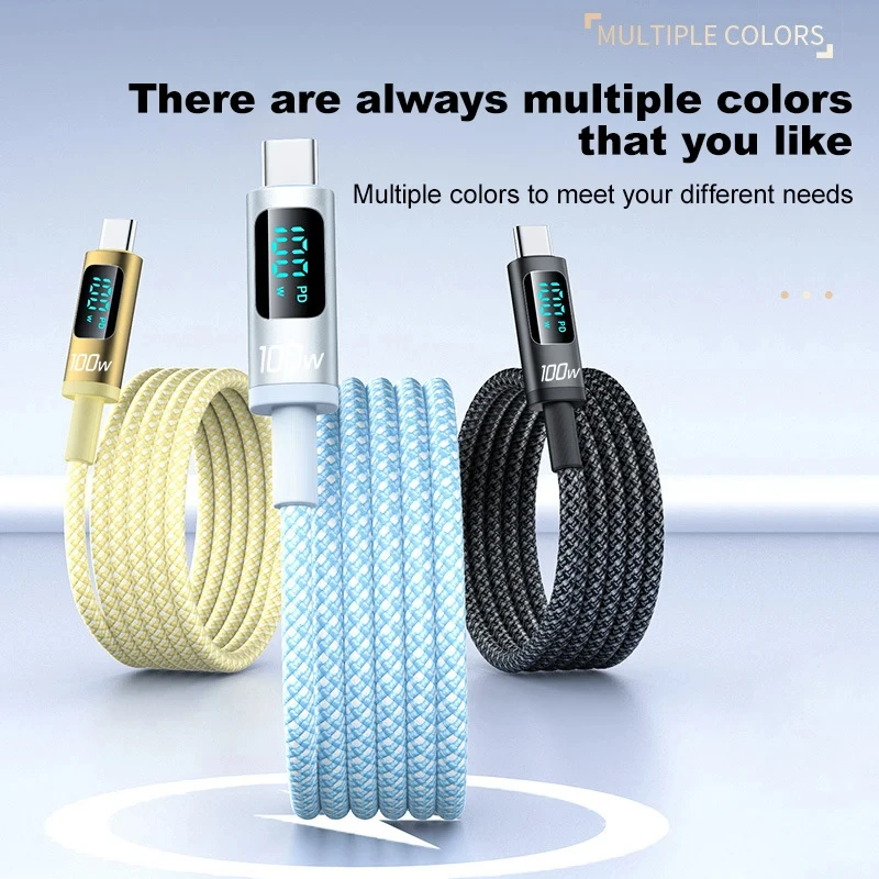 PD 100W 5A Braided Super Fast Charging Usb C To Type C Cable with Led Display for Iphone 16/15 Pro Max Plus for Oppo Xiaomi