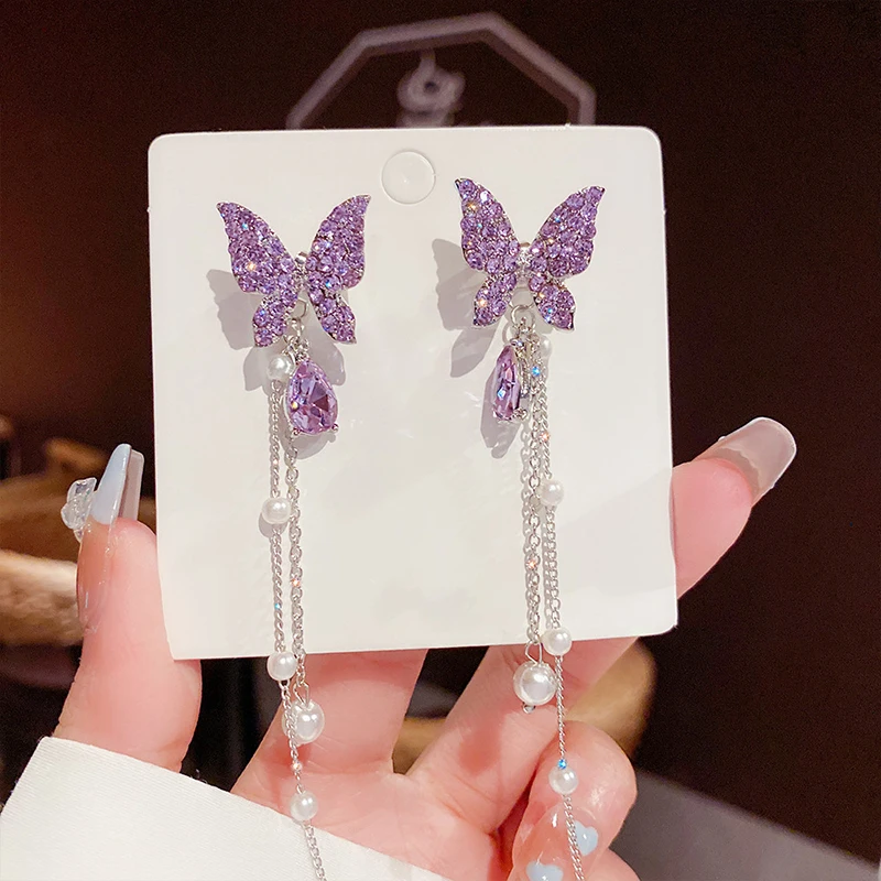 

FTCY Purple Butterfly Tassel Earrings for Women Crystal Simulation Pearl Tassel Stud Earrings Women's Party Jewelry Gift