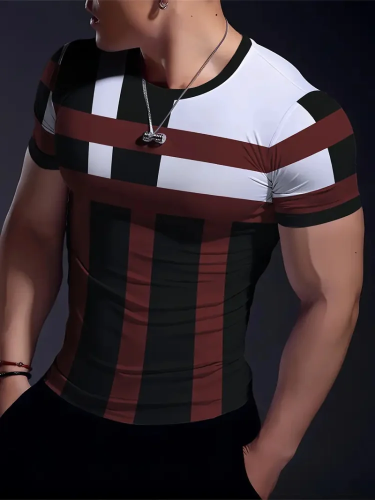 

Simple Striped Spliced Print Men's Casual T-shirt Daily Sports Casual Breathable Men's Top Harajuku Street Trend Short Sleeve