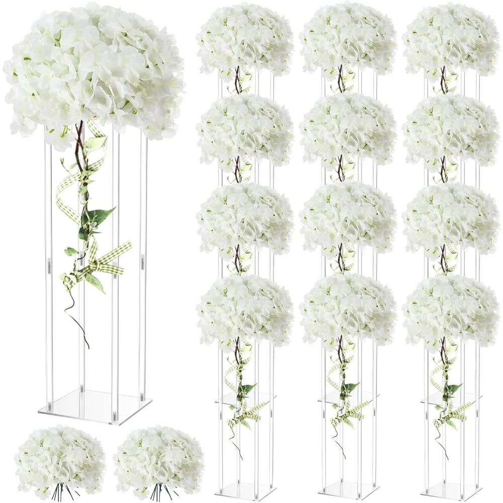 

12 Pcs Tall Acrylic Vase Wedding Centerpieces Clear Elegant Centerpiece Stand with Artificial Hydrangea Flowers for Wedding Par