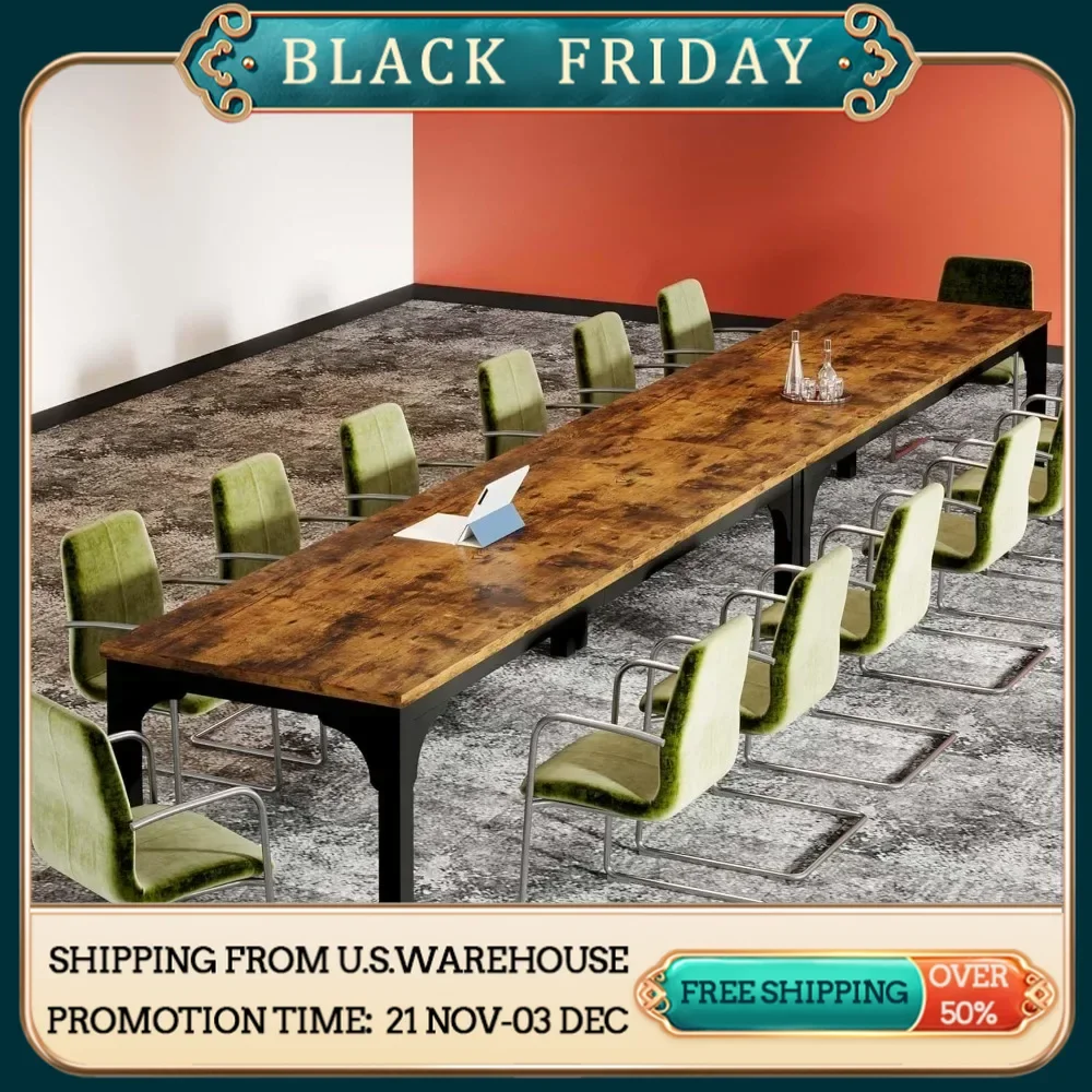 Conference Table, Super Sturdy Large Rectangle Meeting Seminar Table for 10-14 Person, Long Business Tables, 2 Pcs Brown