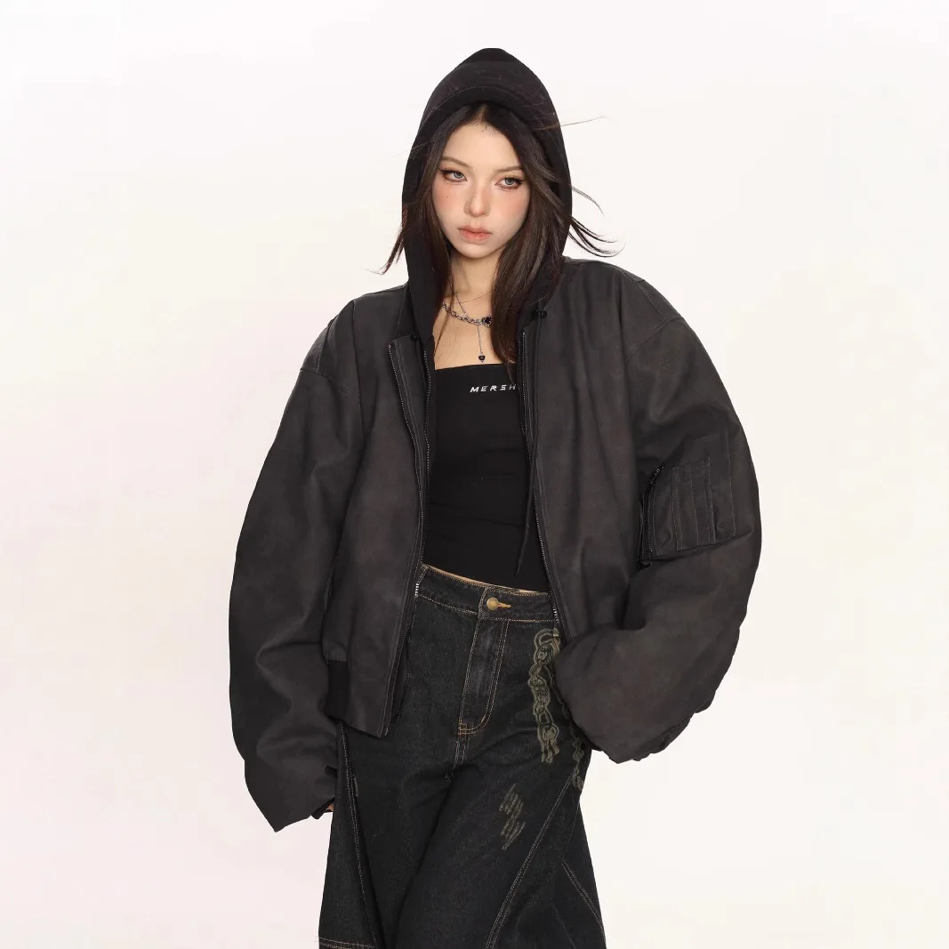 

Women's Jacket 2026 Spring Autumn Faux Leather Jacket Hooded Oversized Hip Hop Cool Versatile Flight Jacket Coat