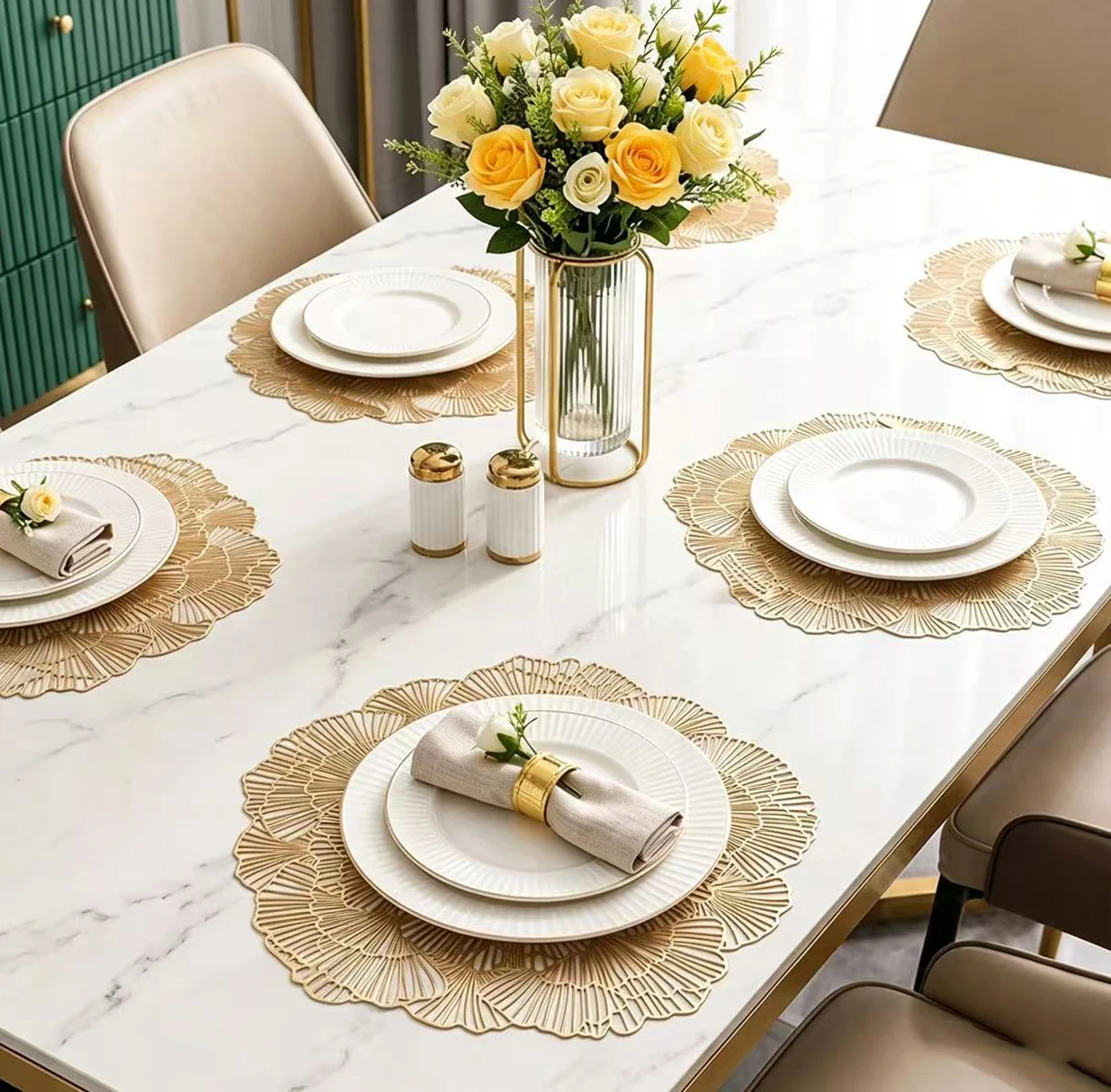 Ginkgo Leaf Peony Flower Hollow PVC Placemat Insulation Coaster Table Mat Cup Pads Bowl Home Kitchen Wedding Party Holiday Decor