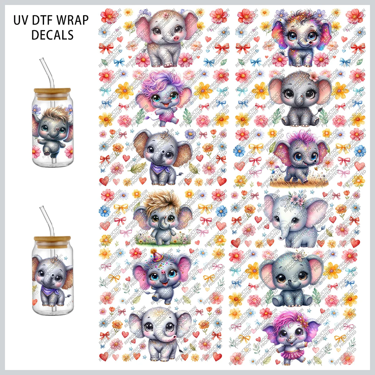 

Милый слон УФ DTF наклейки на чашку 9,45x4,33 дюйма акварельный слон натираемые переводные наклейки для стеклянных чашек 16 унций